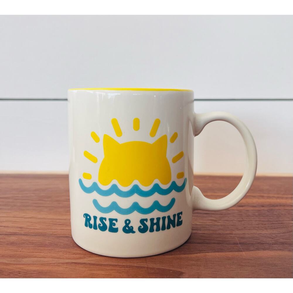 Rise & Shine Cat Lady Cup Mug 12 oz Coffee Tea Cocoa Yellow Blue
